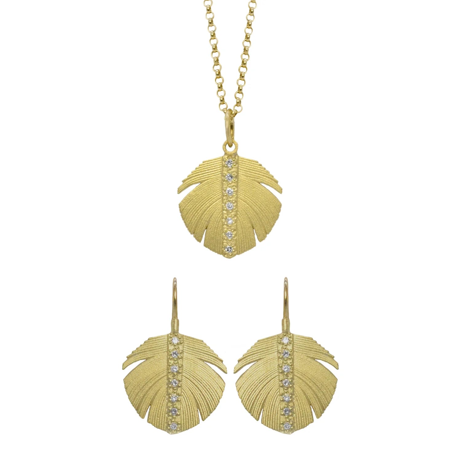 Wide Gold Feather Jewelry Set with Center Diamond Channels | Rebecca Myers Collection