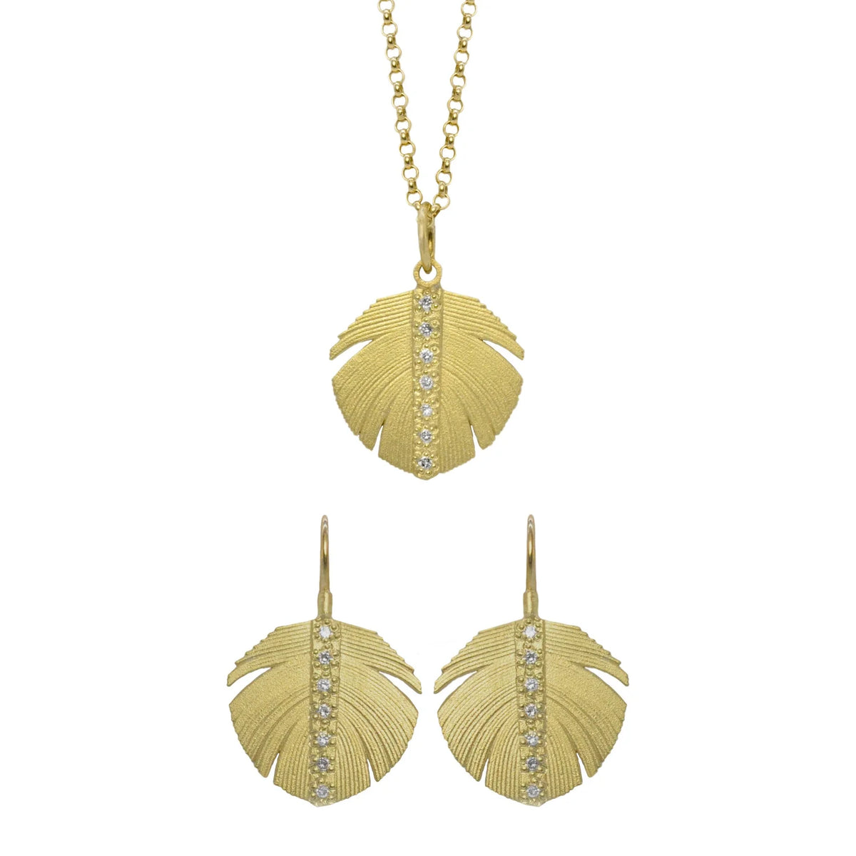 Wide Gold Feather Jewelry Set with Center Diamond Channels | Rebecca Myers Collection