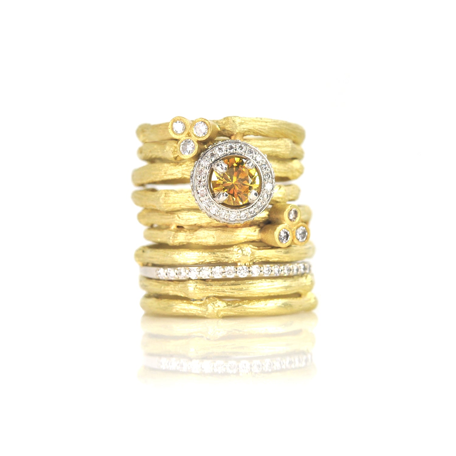 Yellow Gold Branch Rings with Diamonds and Sapphire | Rebecca Myers Collection