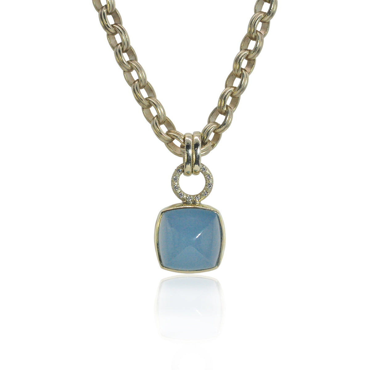 Sugarloaf Aquamarine Pendant with Yellow Gold Halo Topper on chain | Rebecca Myers Collection