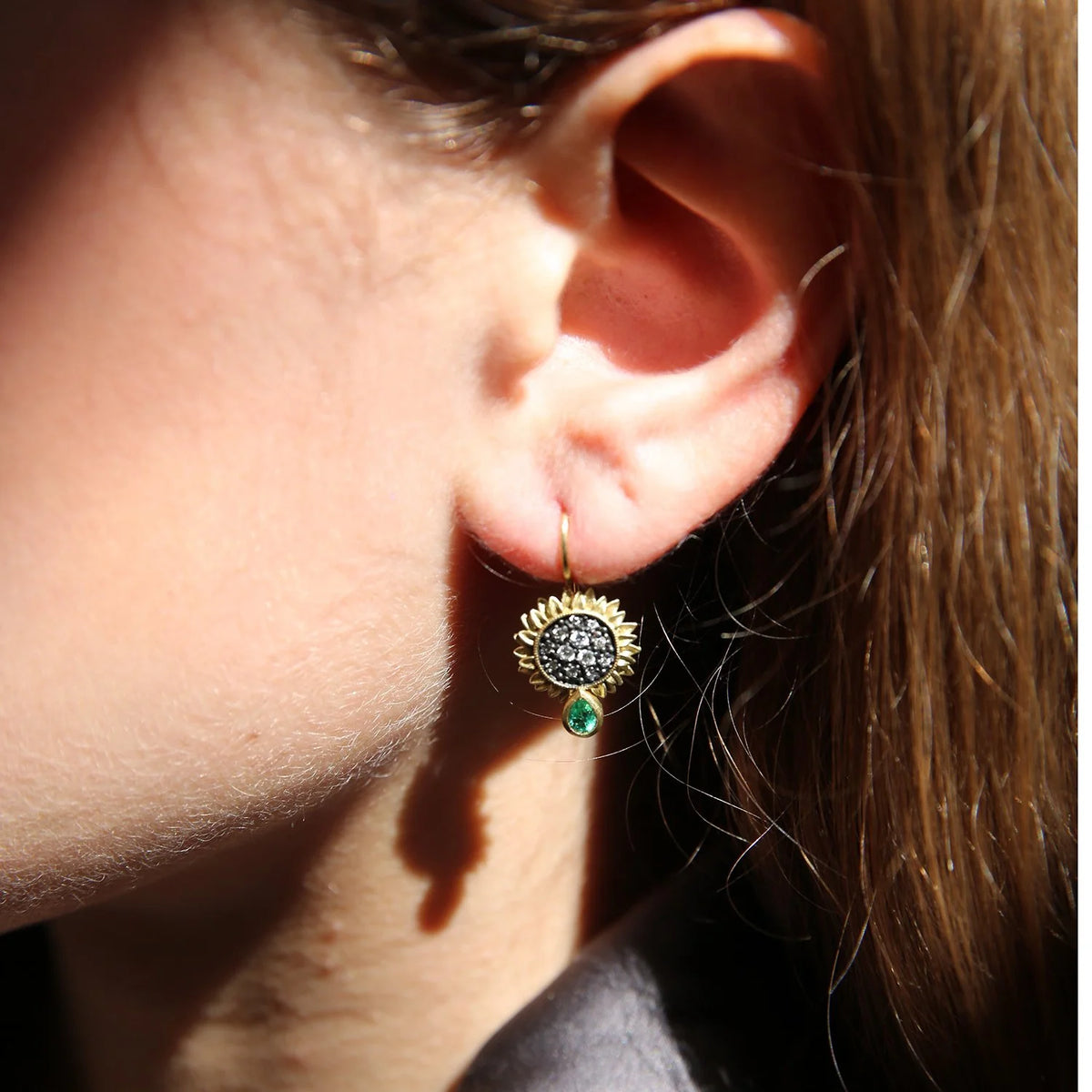 Small Pave Diamond Sunflower Earrings on white female model | Rebecca Myers Collection