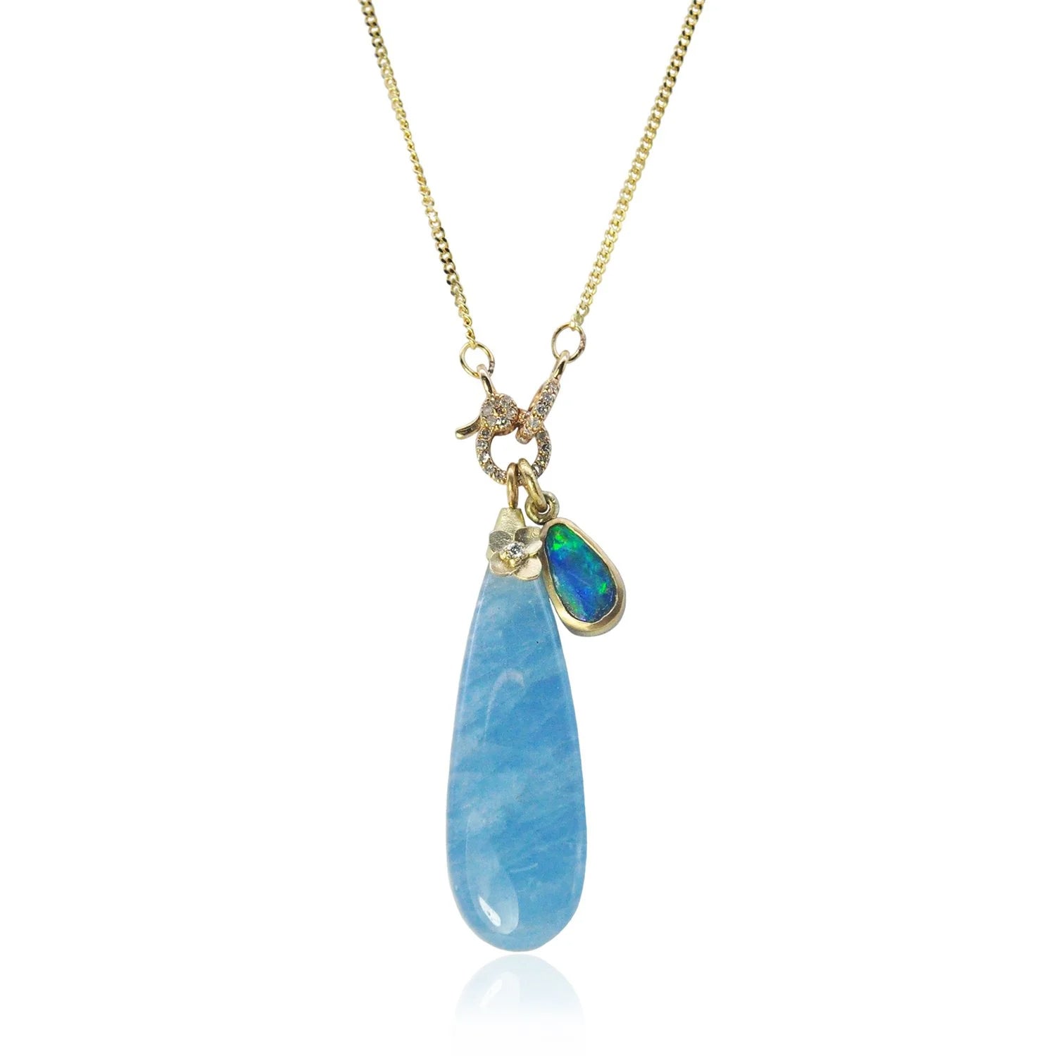 Large Aquamarine Teardrop with Gold Hydrangea Topper on  Gold Curb Chain with Petite Charm Holder Clasp + Small Boulder Opal Teardrop Charm | Rebecca Myers Design