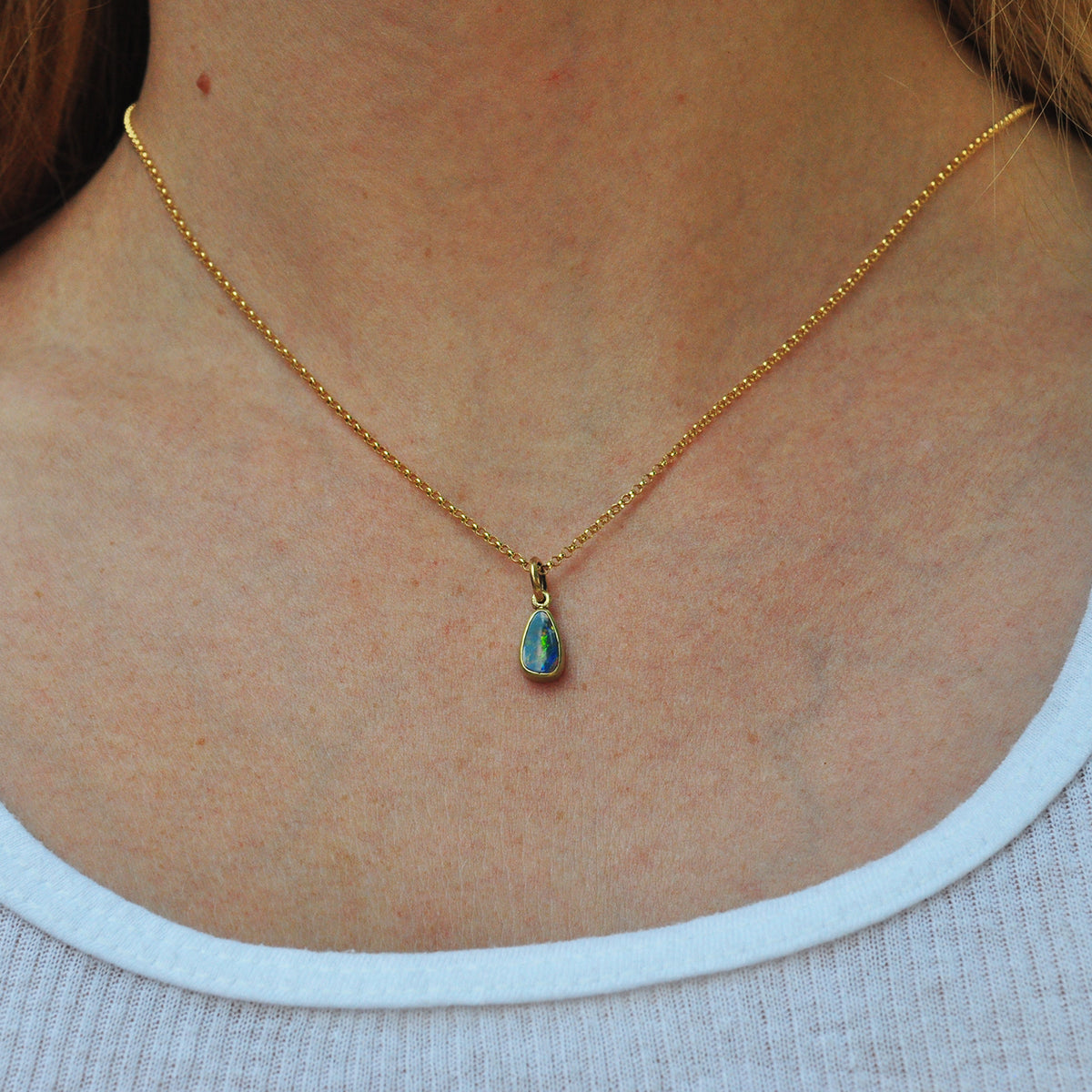 Small Boulder Opal Charm on Rolo Chain on white female | Rebecca Myers Collection