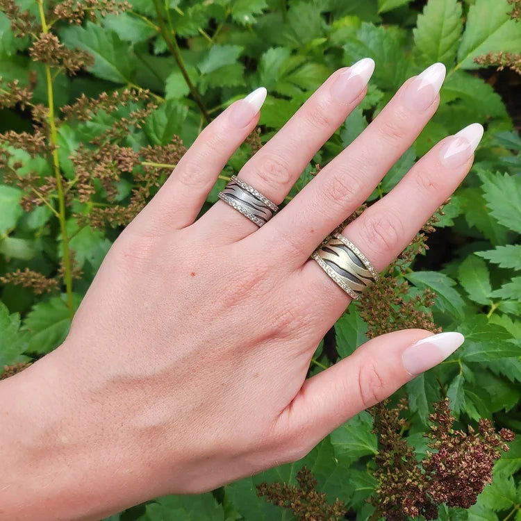 Animal Print Rings on white female model | Rebecca Myers Collection