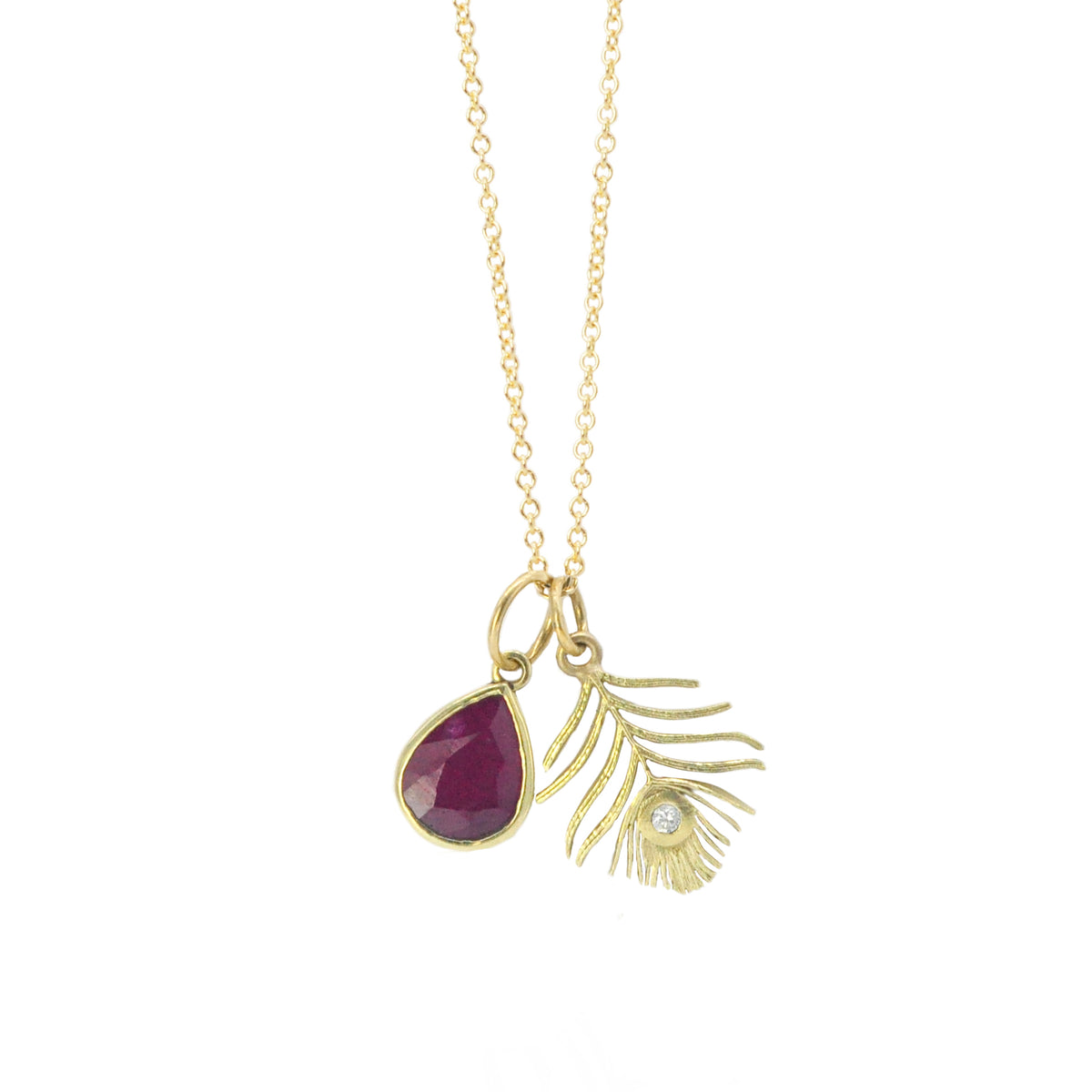 Small Gold Peacock Feather Charm on Gold Cable Chain + Faceted Ruby Teardrop Charm | Rebecca Myers Collection