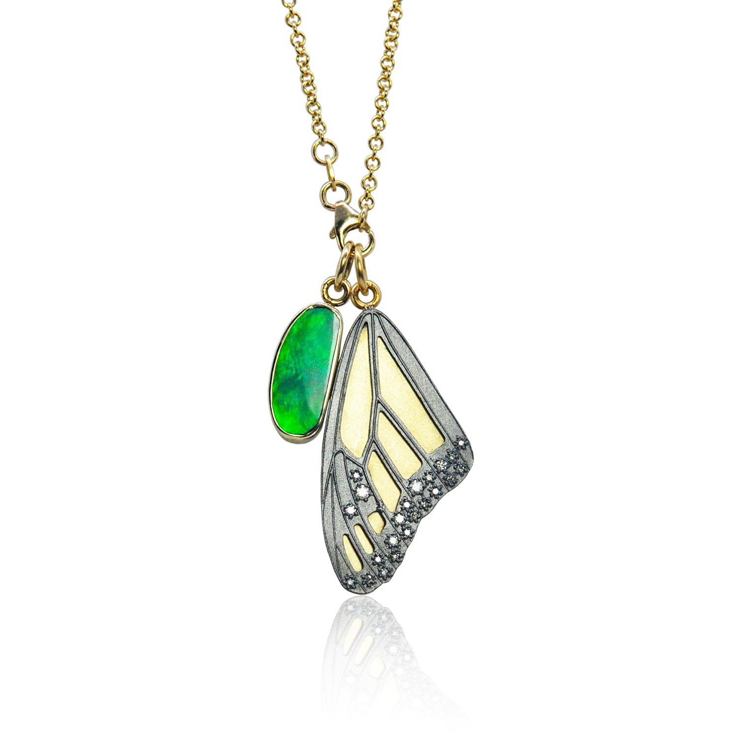 Gold, Silver, & Pave Diamond Monarch Butterfly Top Wing Charm Necklace + Large Boulder Opal Charm | Rebecca Myers Collection