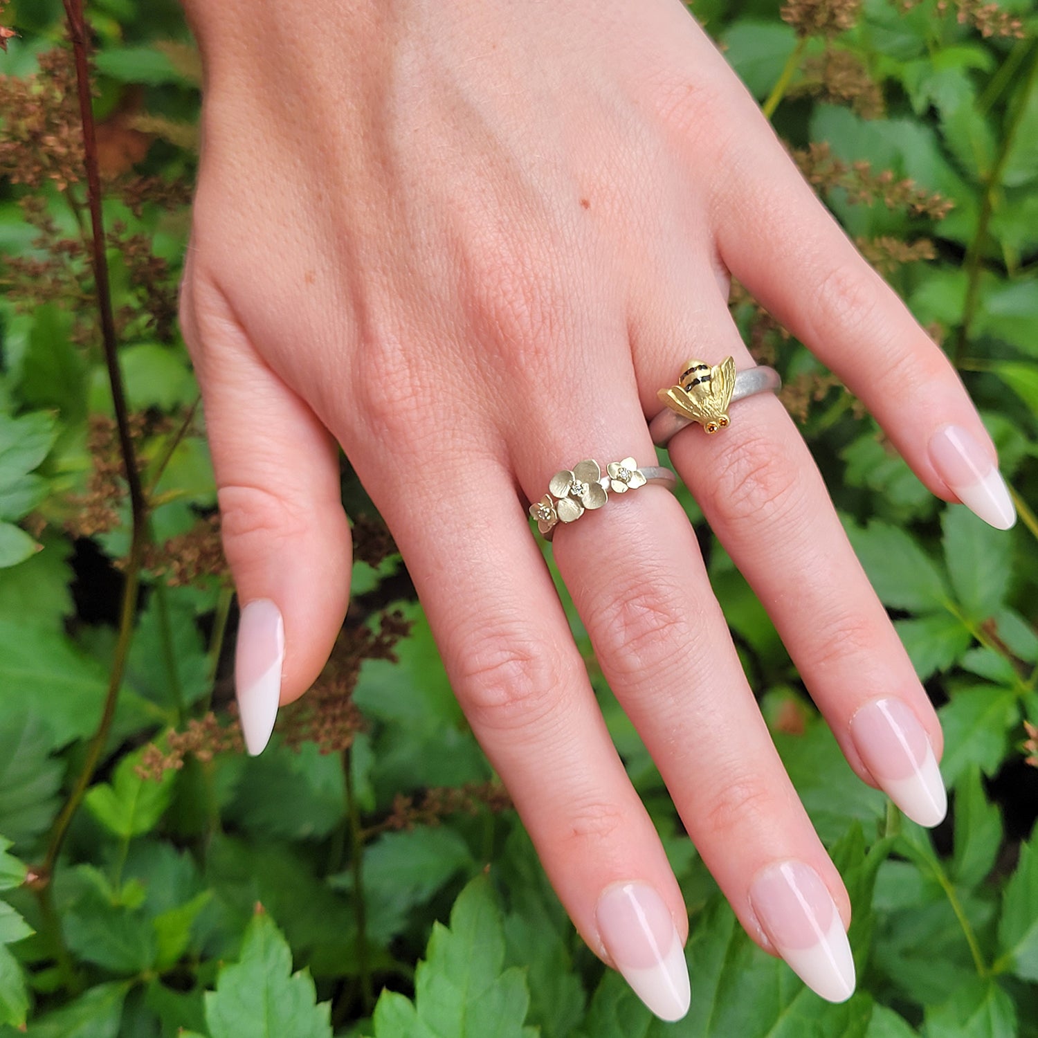 Gold, Silver, Natural Diamond, & Flower Stacking Rings