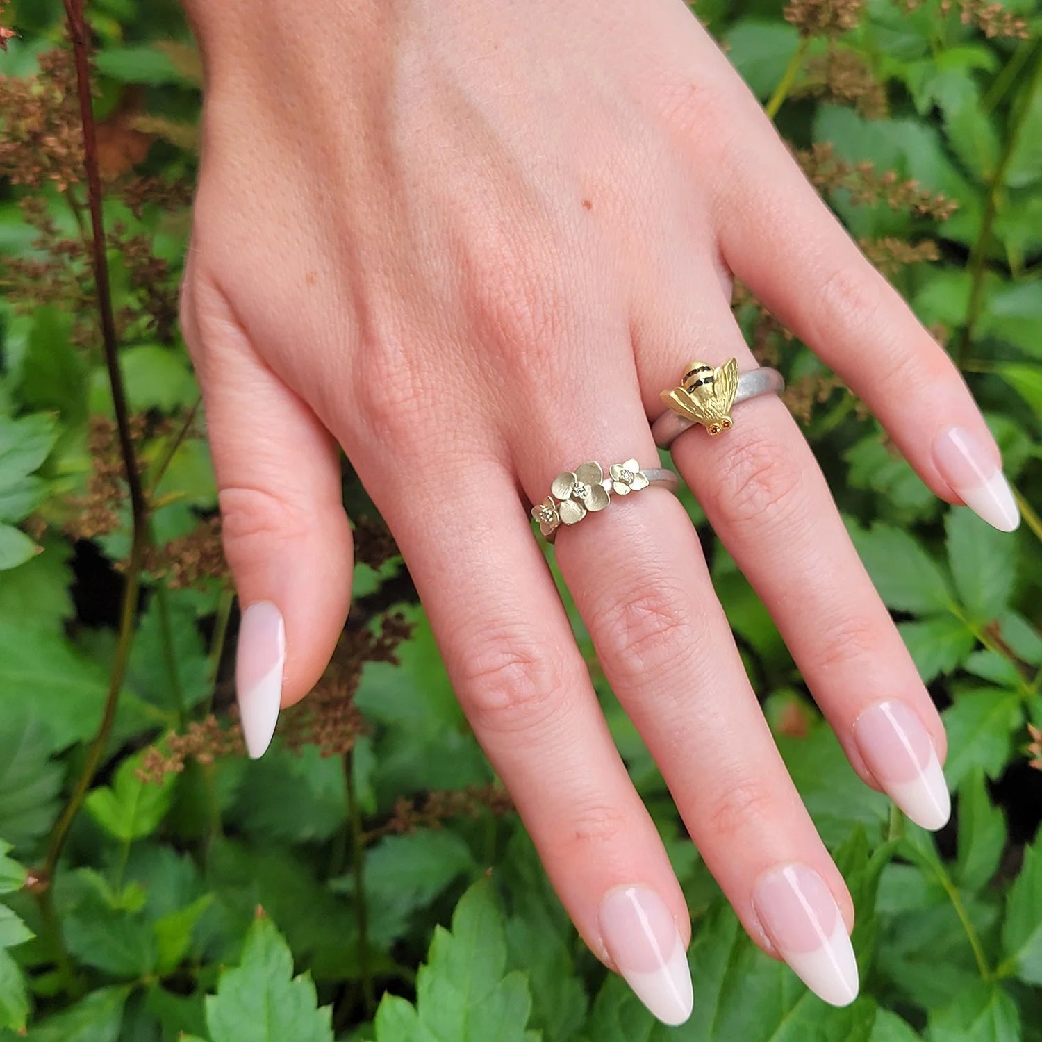 Gold and Silver Bee & Flower Stacking Rings | Rebecca Myers Collection