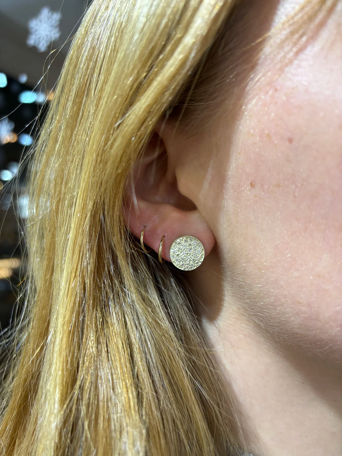 Large Gold Pave Disc Earrings on white female model | Rebecca Myers Collection