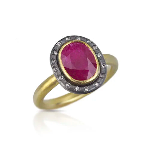 Oval Ruby Halo Ring on thin gold band | Rebecca Myers Collection