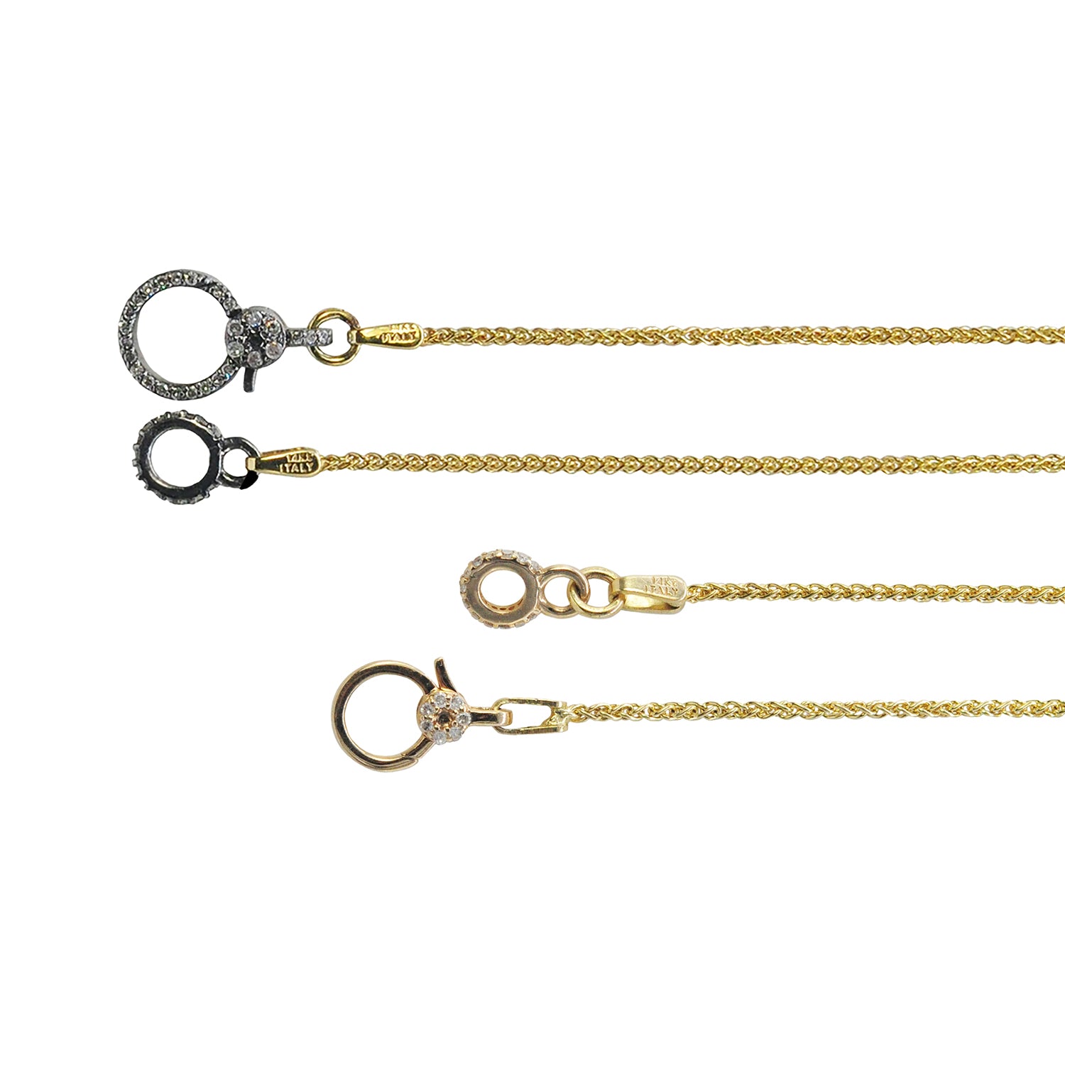 14k Yellow Gold Wheat Chains with Gold or Oxidized Silver & Diamond Charm Holder Clasps | Rebecca Myers Collection