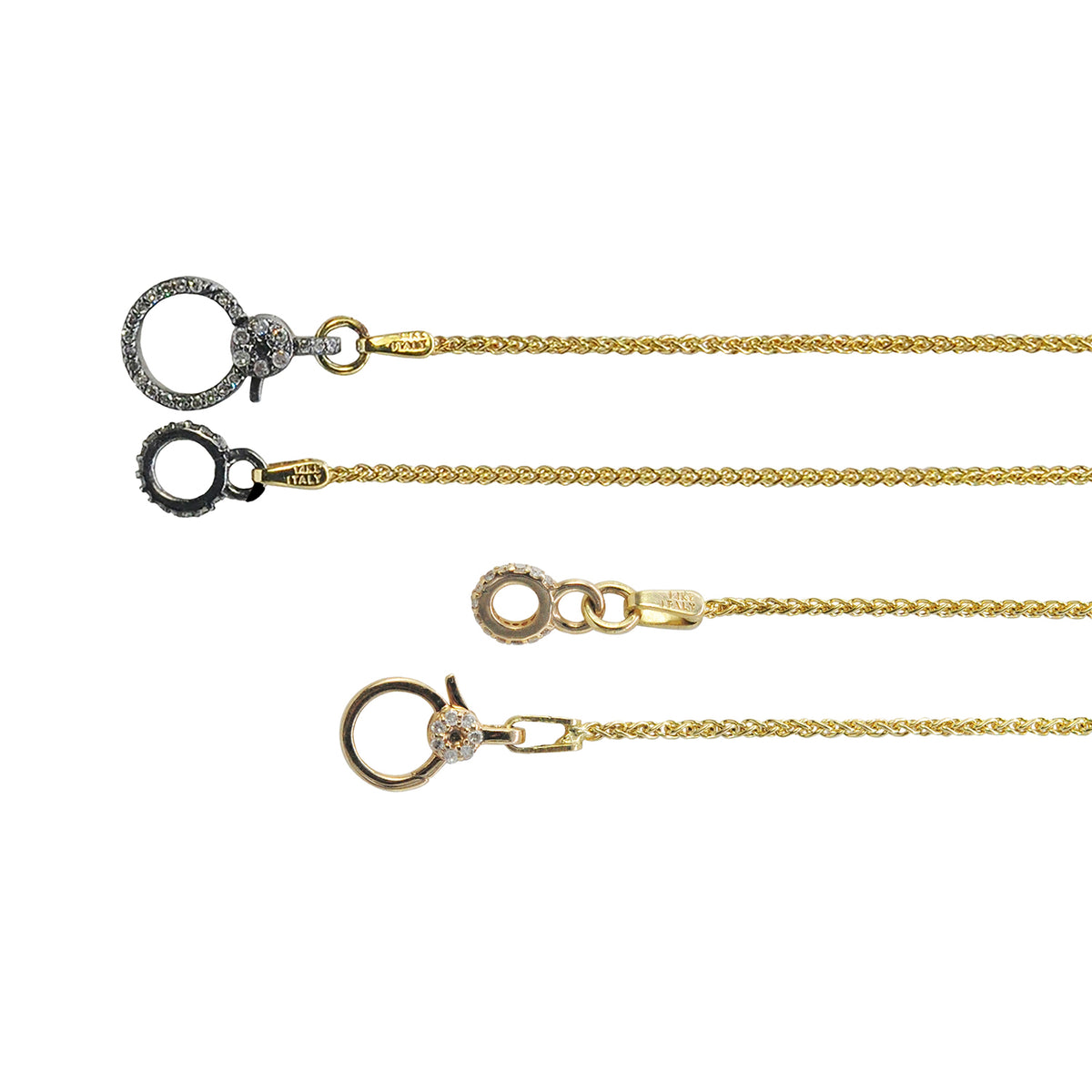 14k Yellow Gold Wheat Chains with Gold or Oxidized Silver & Diamond Charm Holder Clasps | Rebecca Myers Collection