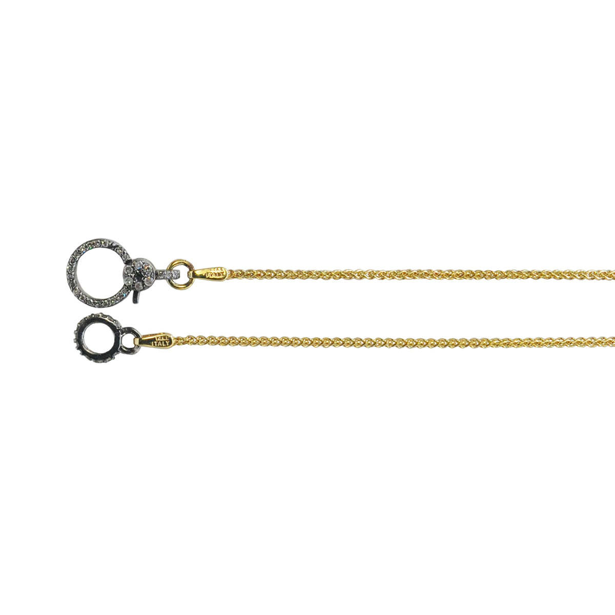 14k Yellow Gold Wheat Chains with Oxidized Silver & Diamond Charm Holder Clasp | Rebecca Myers Collection
