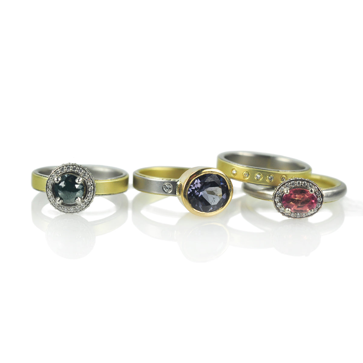 Black Diamond & Sapphires in Diamond Halos, grouping | Rebecca Myers Collection