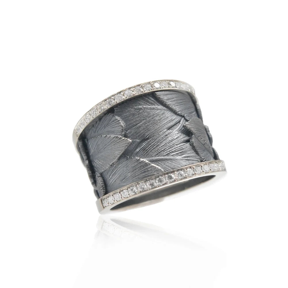 Oxidized Silver Feather Ring with White Gold Eternity Band Edges | Rebecca Myers Collection
