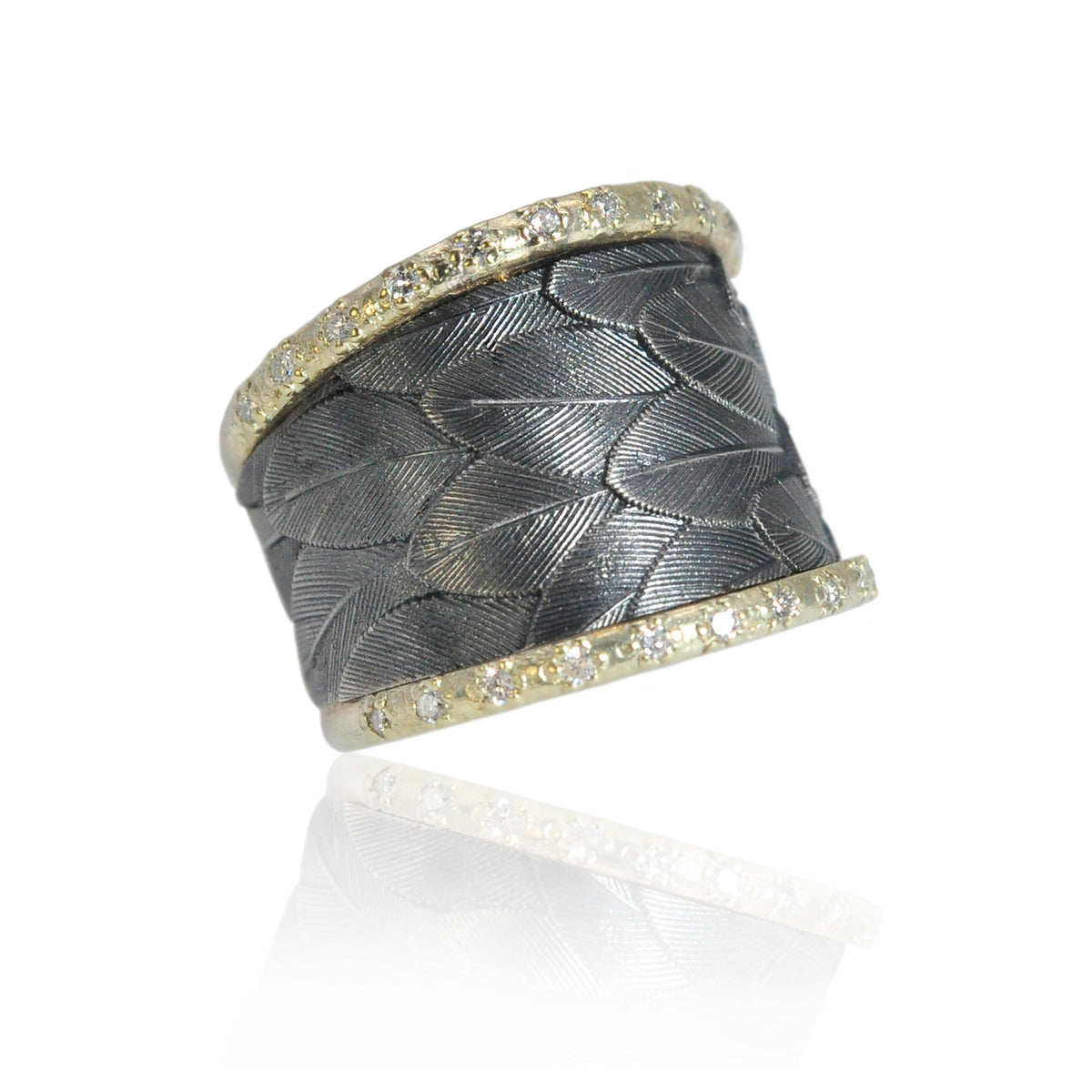 Oxidized Silver Feather Ring with Pave Diamond Edges | Rebecca Myers Collection