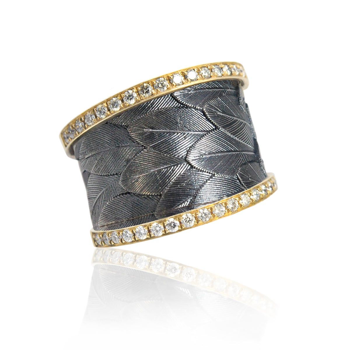 Oxidized Silver Feather Ring with Yellow Gold Eternity Band Edges | Rebecca Myers Collection