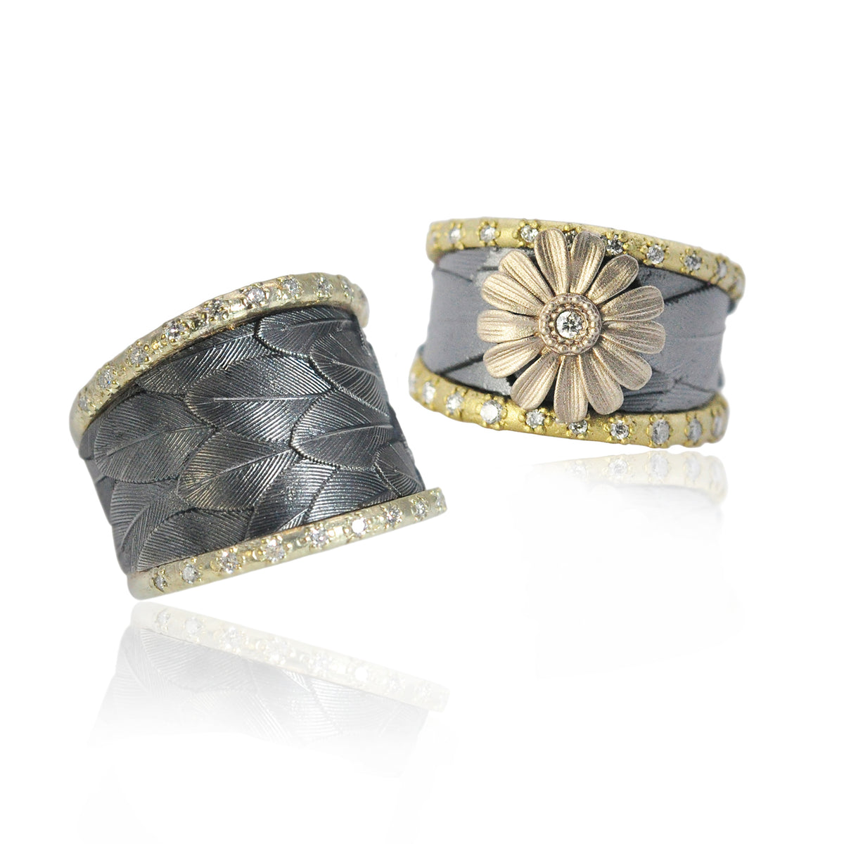 Oxidized Silver Feather Bands with Diamond Edges | Rebecca Myers Collection