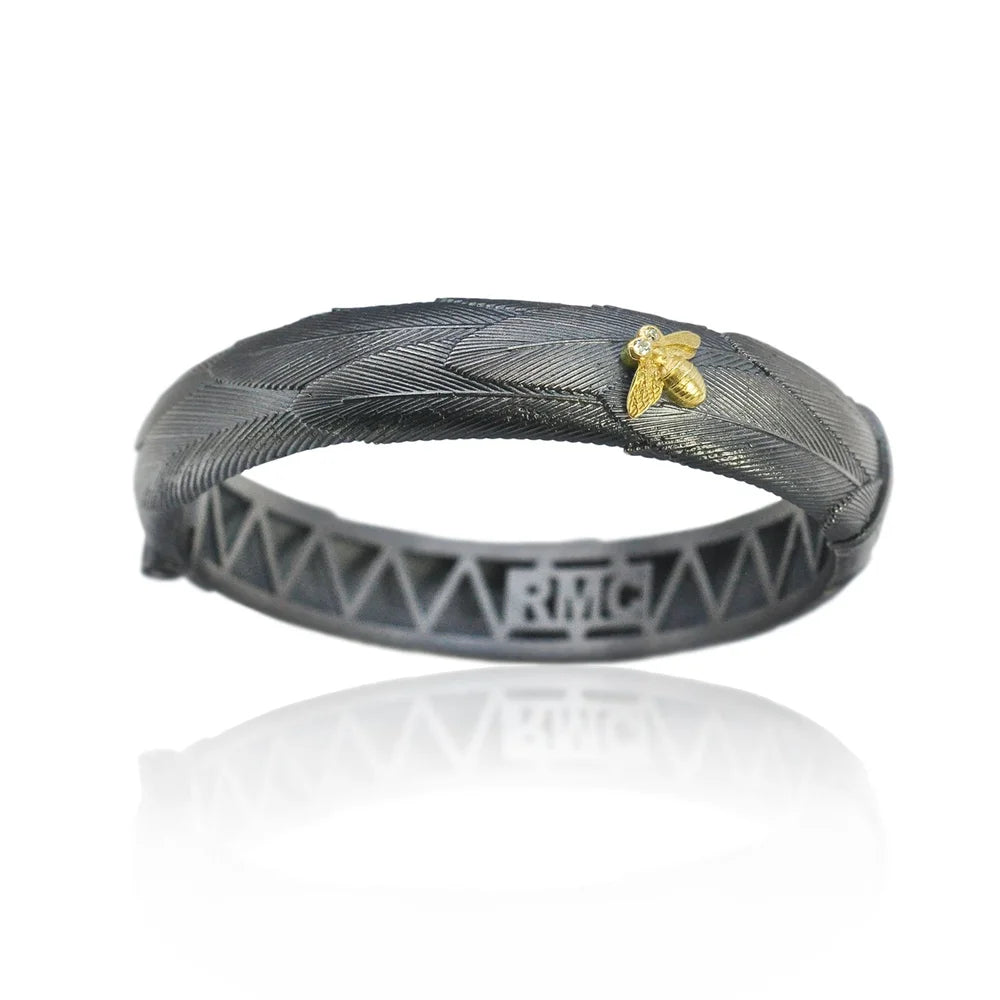 Wide Oxidized Silver Feather Bracelet with Tiny Gold Bee | Rebecca Myers Collection