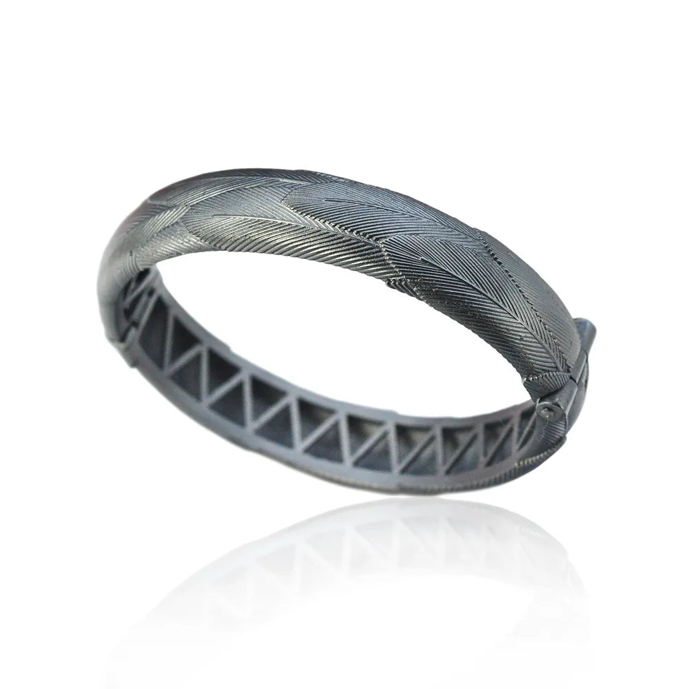 Wide Oxidized Silver Feather Bracelet  | Rebecca Myers Collection