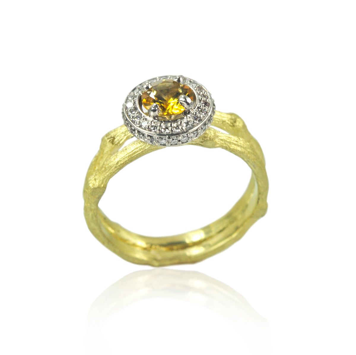 Yellow Gold Branch Rings with Yellow Sapphire in Diamond Halo | Rebecca Myers Collection