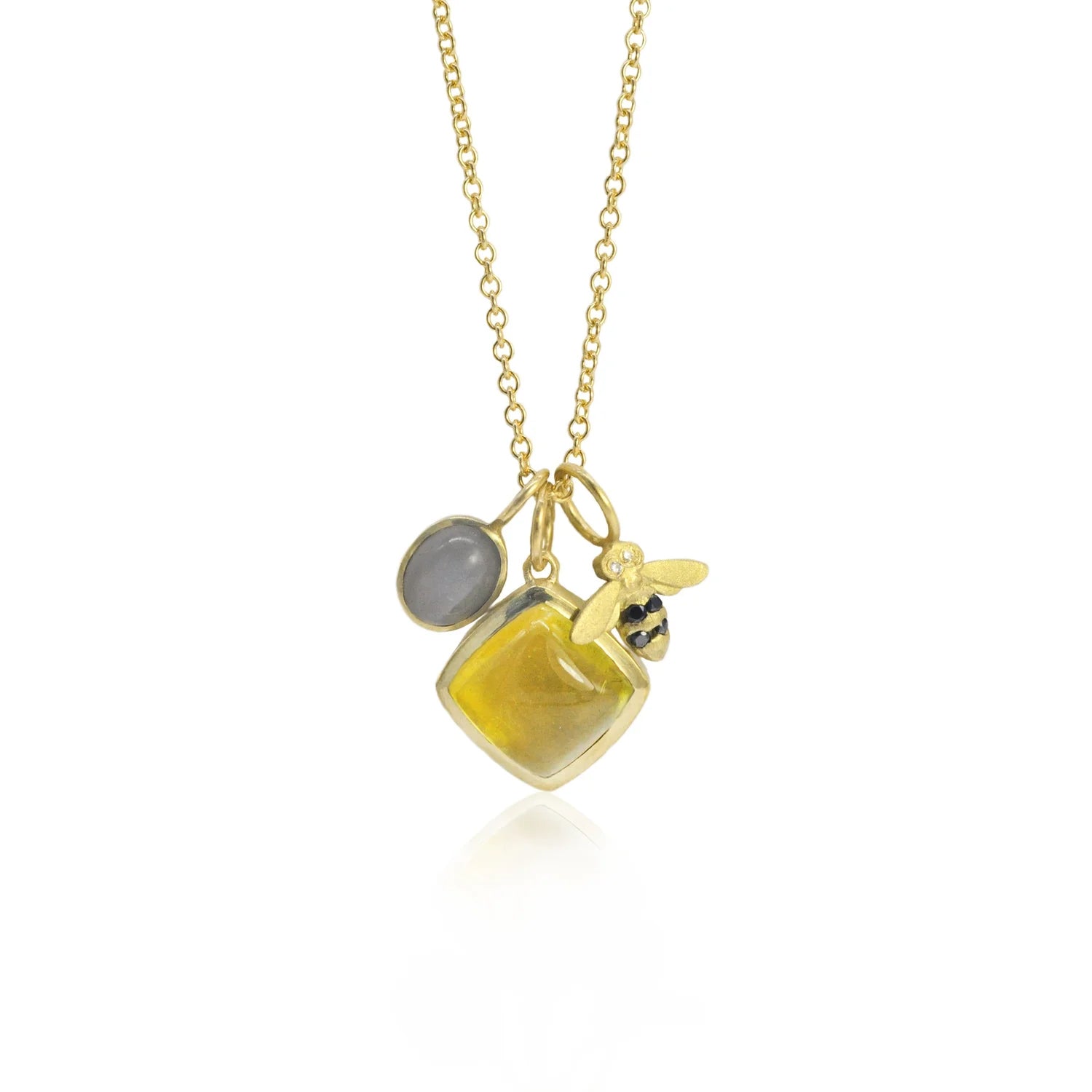 Oval Grey Moonstone Cabochon, yellow tourmaline, Small Honey Bee Charms on Gold Cable Chain | Rebecca Myers Collection