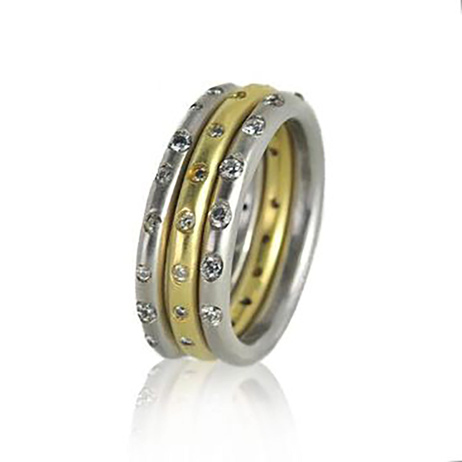 Slender Round Yellow & White Gold Infinity Bands with Flush Set Diamonds | Rebecca Myers Collection