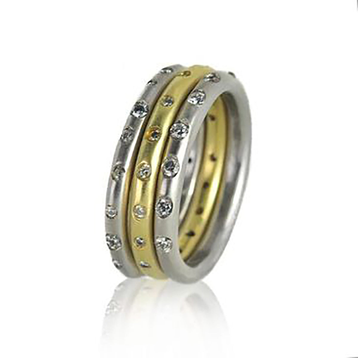 Slender Round Yellow & White Gold Infinity Bands with Flush Set Diamonds | Rebecca Myers Collection
