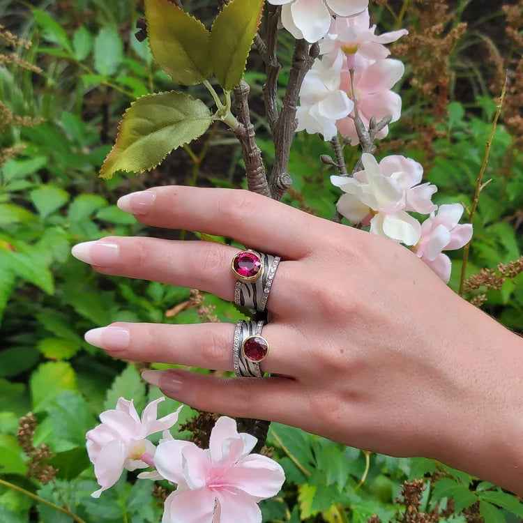 Zebra Print Rings on white female model | Rebecca Myers Collection