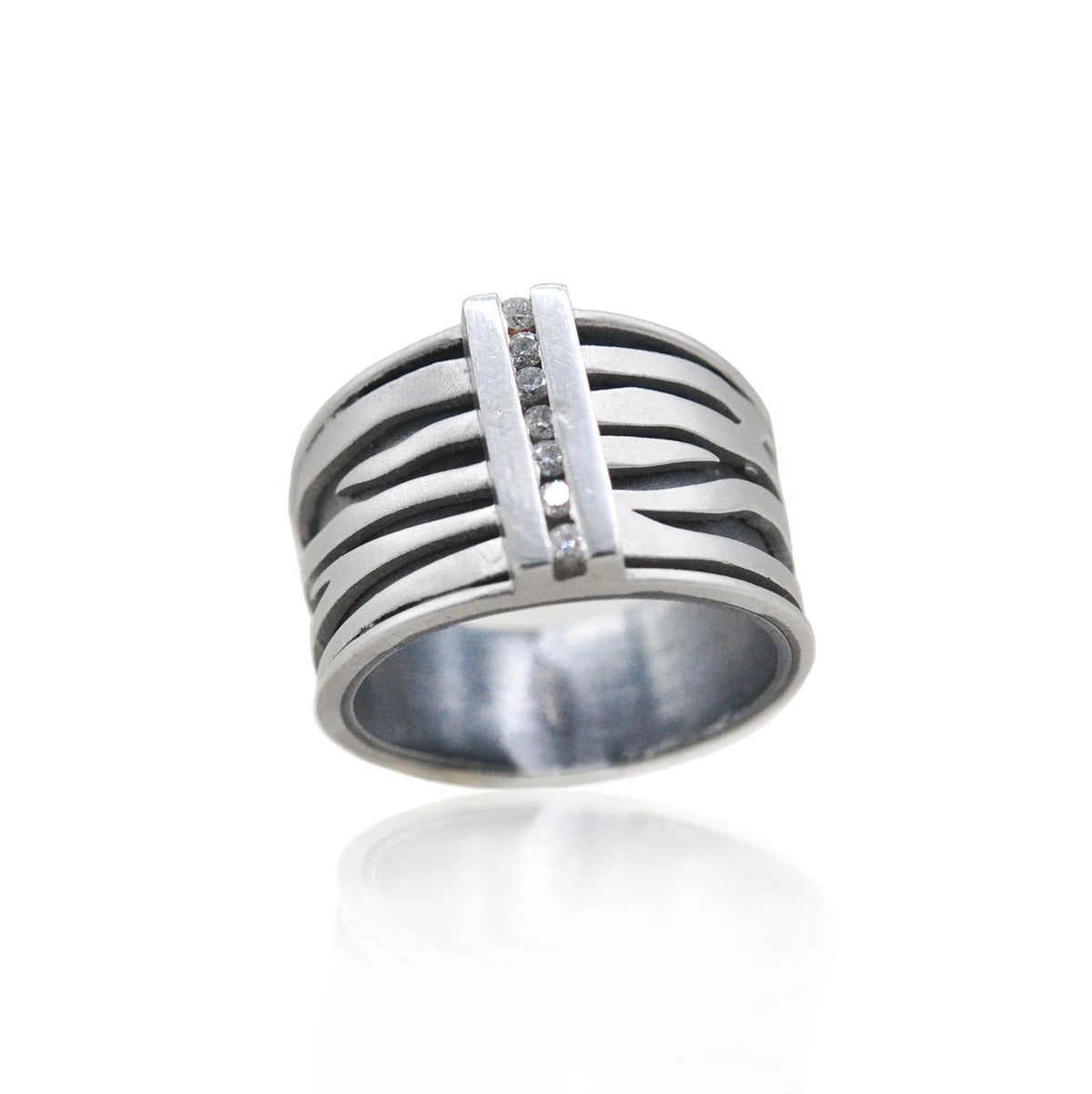 Platinum & Silver Zebra Print Channel Set Diamond Ring | Rebecca Myers Collection