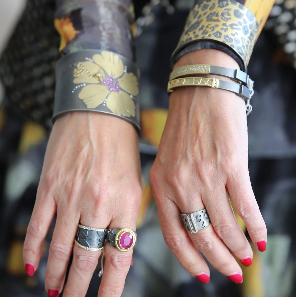 Animal Print Diamond Channel Rings on white female model | Rebecca Myers Collection