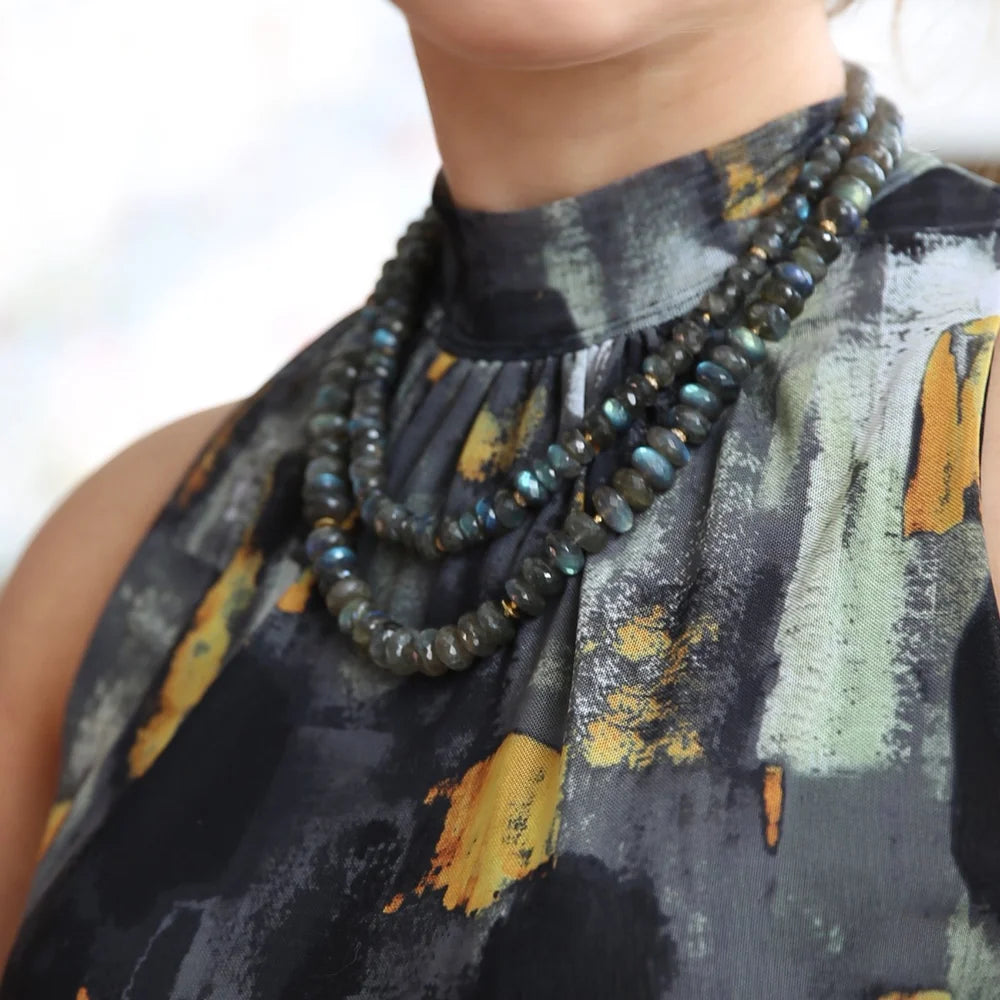 Labradorite Necklace with Gold Disc Beads and Diamond Beads | Rebecca Myers Collection