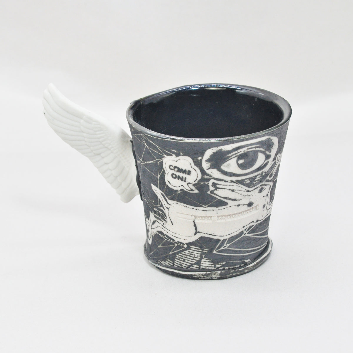 Black & White Winged Come On Cup by Mimi Logothetis, front view | Rebecca Myers Collection