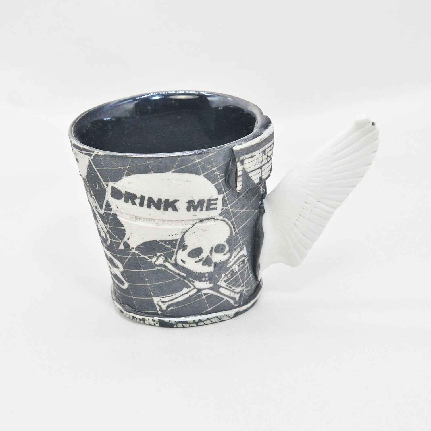 Black & White Winged Drink Me Cup by Mimi Logothetis, front view | Rebecca Myers Collection