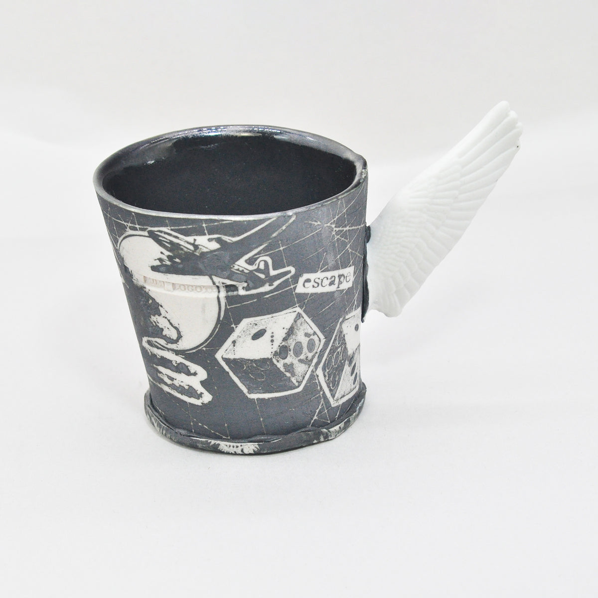 Black & White Winged Escape Cup by Mimi Logothetis, front view | Rebecca Myers Collection