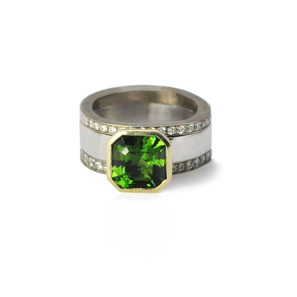 Asscher Cut Green Tourmaline Gemstone Ring + 2mm White Gold Diamond Stacking Rings | Rebecca Myers Design