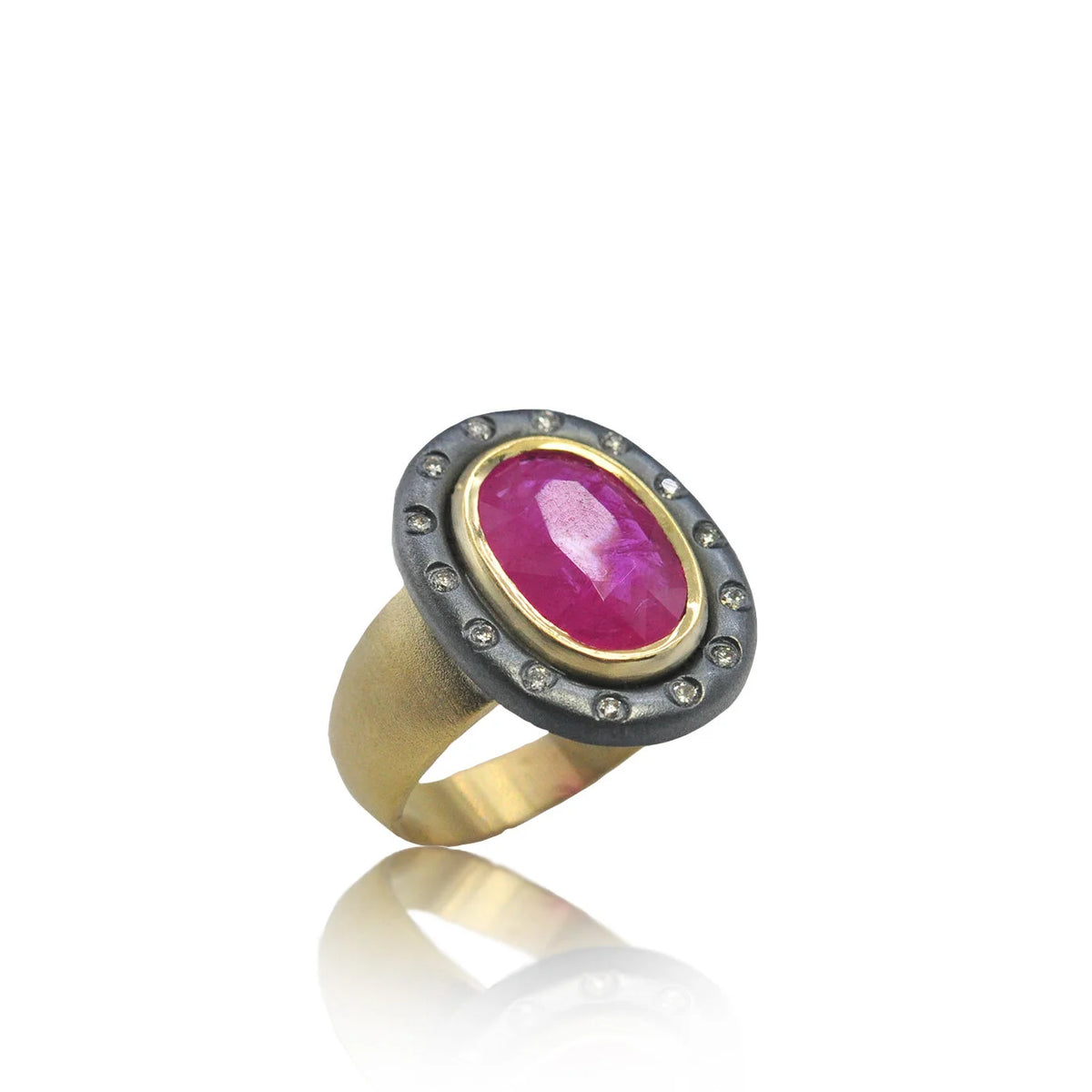 Oval Ruby Halo Ring on wide gold band | Rebecca Myers Collection